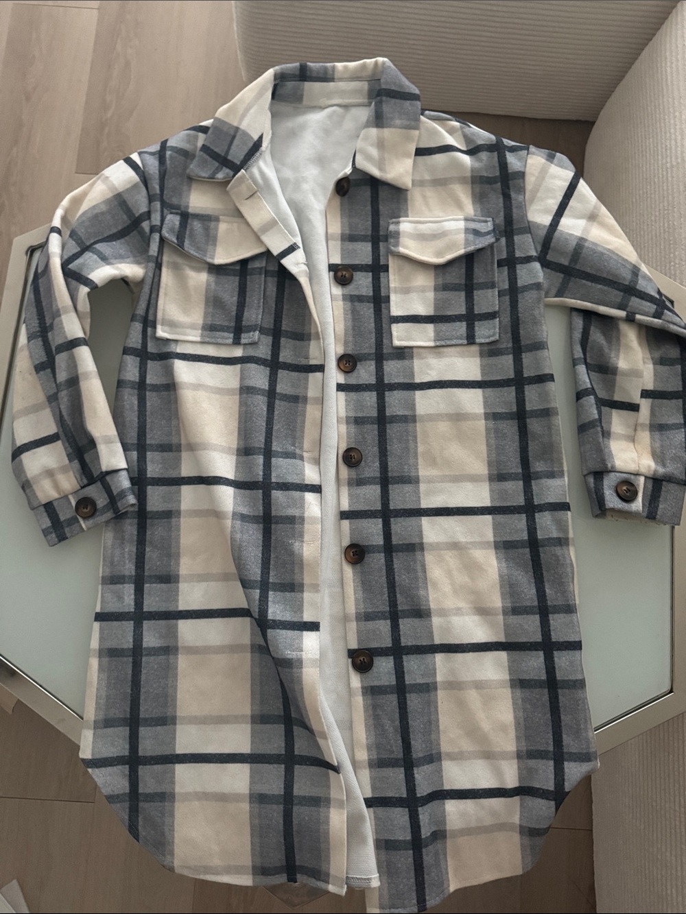 Women’s Plaid Button-Up Shacket Jacket - Cream & Gray